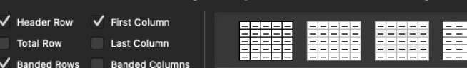 A screenshot of the Table Design menu with Header Row and First Column ticked.