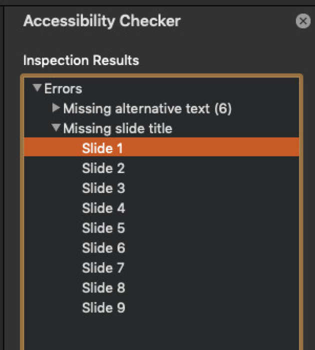 Screenshot of the accessibility check results