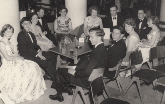 At the Royal Festival Hall in 1955. Pictured are alumni (clockwise from right) Ken Cox, unknown, Barry Graham, Jack Helfenstein, Martin Peters and Pat Fisher.