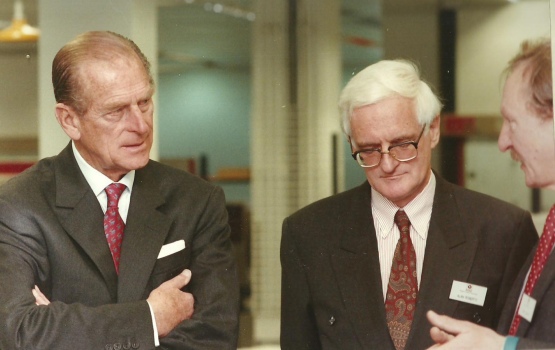 Prince Philip with alumnus Alan Roberts at the opening of the Robens Building, Sheffiled, 1992