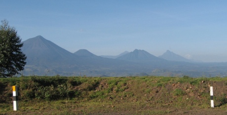 The Virunga range. From left to right, Muhabura, Gahinga, Karisimbi, Sabyinyo, Mikeno