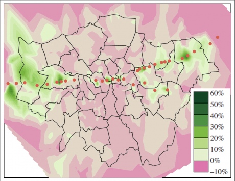 Crossrail map showing areas of economic benefit and loss
