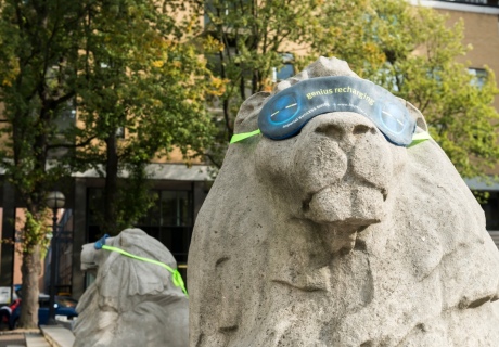 Lion statue wearing eye mask