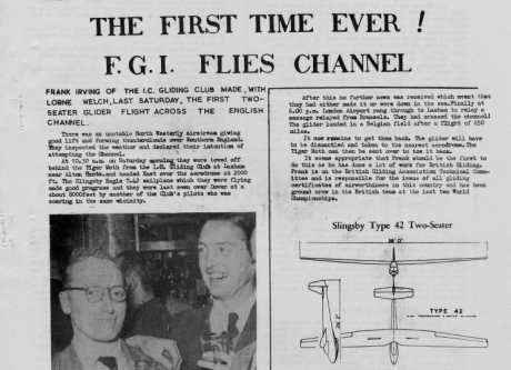 Felix coverage of Frank Irving's first two-seater glider flight across the English Channel in 1955