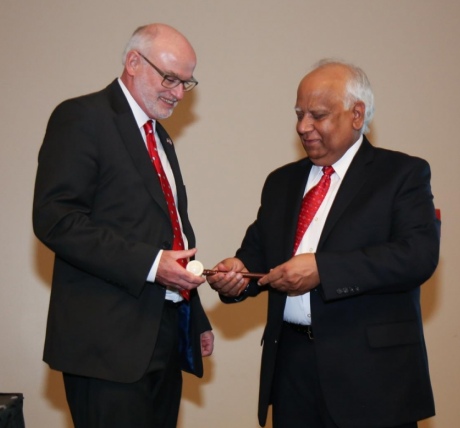 Current ACerS president, Mrityunjay Singh passing the ‘ceramic’ gavel to Bill Lee. Bill Lee will officially take up office on Thursday. (Photo credit – ACerS)