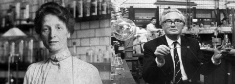 Black and white photographs of a man and a woman in chemistry labs
