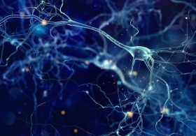 Conceptual illustration of neuron cells with glowing link knots in abstract dark space