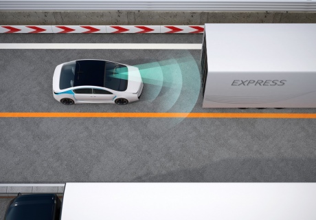 Illustration of a car sensing the truck in front automatically
