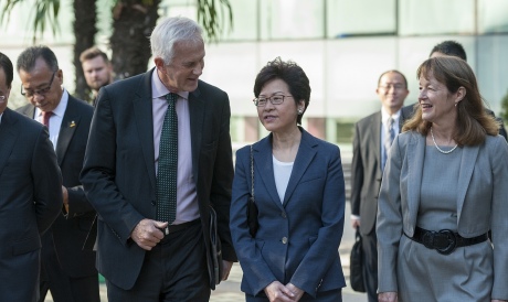 Carrie Lam with Chair of Council Philip Dilley and President Alice Gast