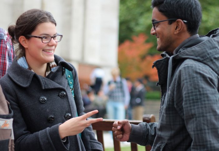 Prashanth Sundar Kalaiselvan, pictured right, with an opponent in the Rock, Paper, Scissors competition