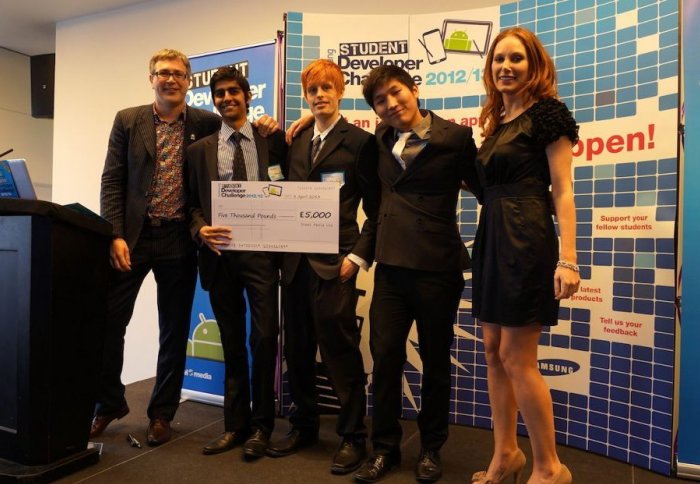 Rohan Mahtani, Taehyun Lee and Liam Bardenhave are awarded first prize in the Grand Final of the Samsung Student Developer Challenge