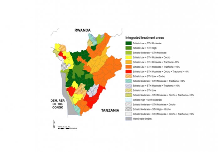 Coendemicity map in Burundi communes in 2010 for trachoma, onchocerciasis, schistosomiasis, and soil-transmitted helminth infections