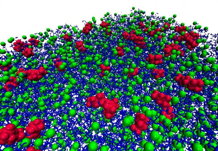 graphical representation showing localisation of the [Tf2N]- (red) anions at the ionic liquid-vacuum outer surface