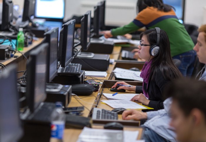 Students using a Central Library PC Cluster