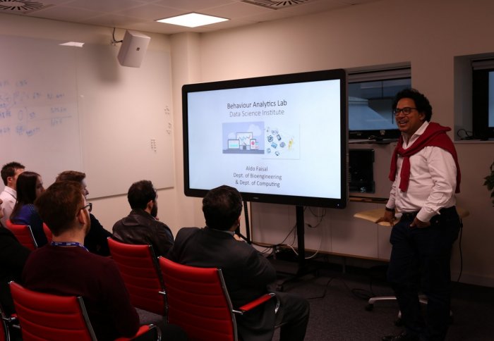 Dr. Aldo Faisal speaking at the Behaviour Analytics Lab launch