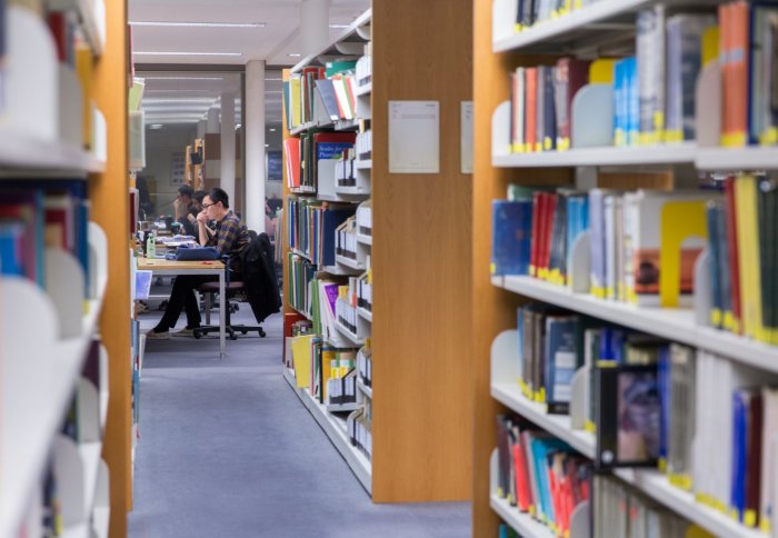 young people working at a desk amidst bookshelves