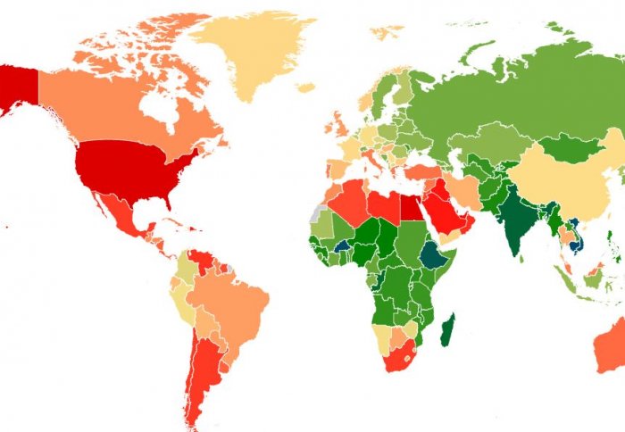 A map of the world showing countries graded by how many obese children and adolescents there are in 2016