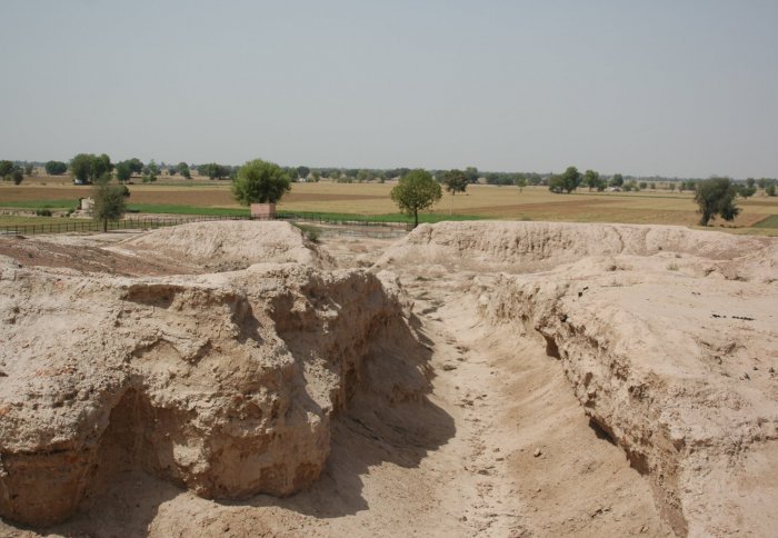 Remnant of a street in the urban centre of Kalibangan. The Ghaggar-Hakra palaeochannel can be seen in the distance. Credit: S. Gupta (Imperial College London)