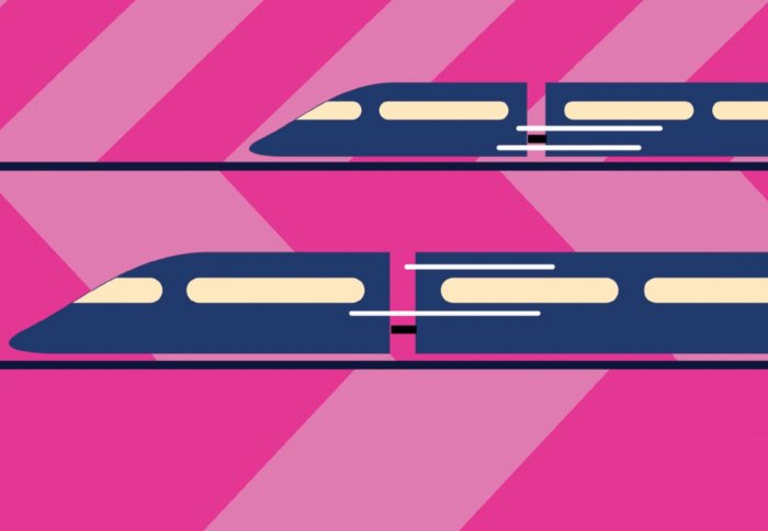 Two reprsenatations of trains on a dull pink and bright pink background