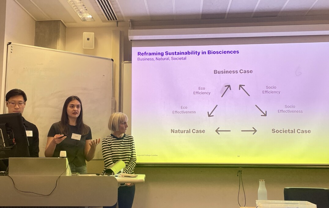 Tina Lavithi presenting slide "Reframing Sustainability in Biosciences"