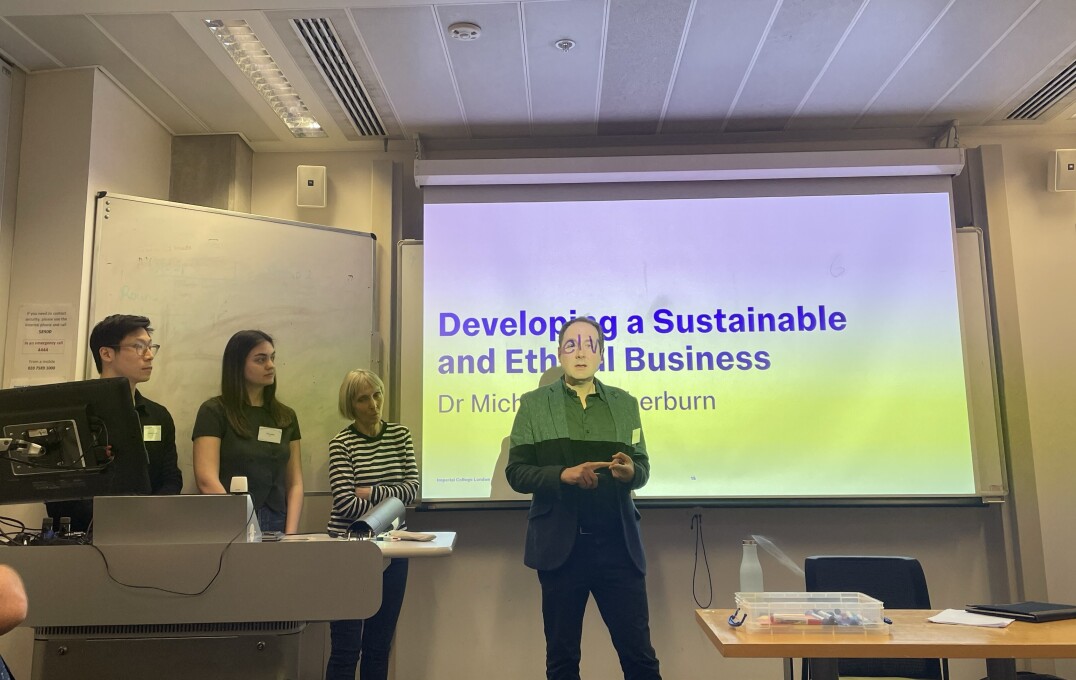 Michael Weatherburn presenting slide "Developing a Sustainable and Ethical Business"