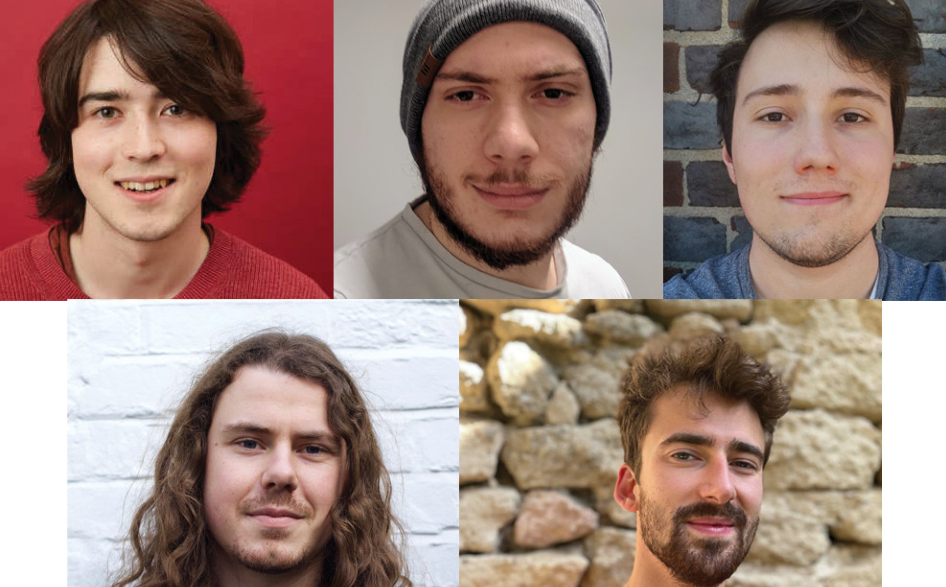 A collage of photos of the winning team Christopher Bradley, Gino Cassella, Milan Rakic, Peru d'Ornellas, Thomas Hodson. All PhD students, Department of Physics