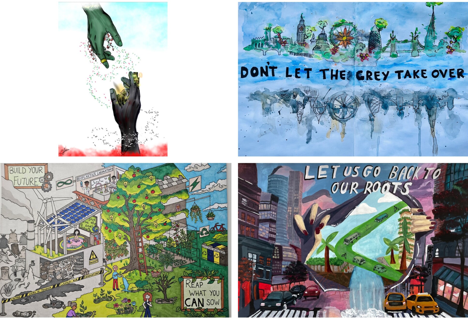 Collage of the four runners up in the Grantham Climate Art Prize 2025