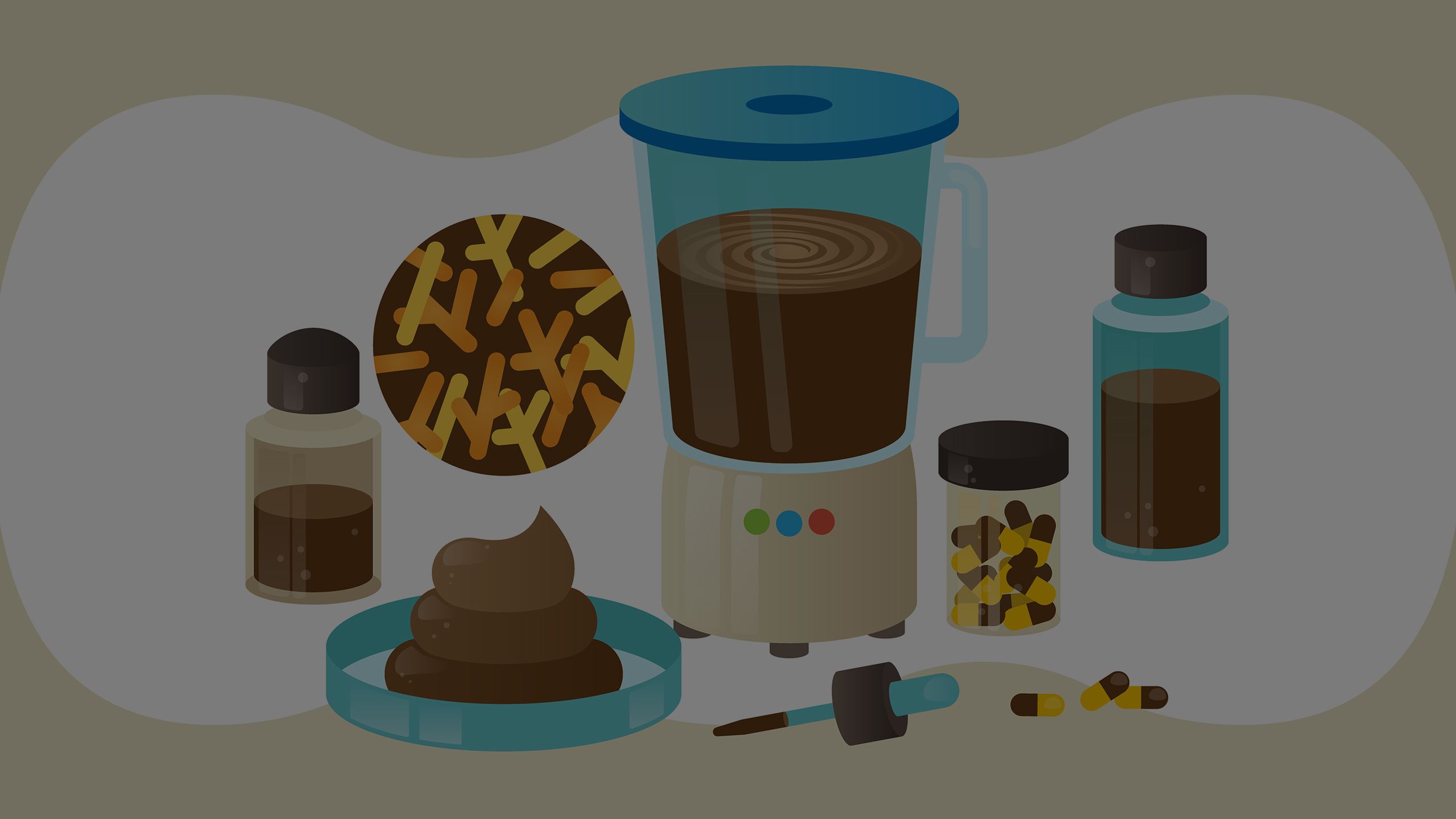 An illustration of laboratory objects used for collecting and processing healthy fecal bacteria. Stool samples and pills.